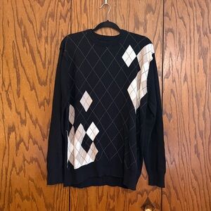 BKE Argyle Sweater Black Tan Cotton Knit Pullover Size L